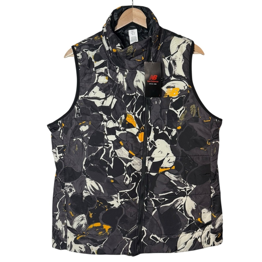 New Balance Floral Full Zip Mock Neck Puffer Vest Jacket Size L NWT Black White
